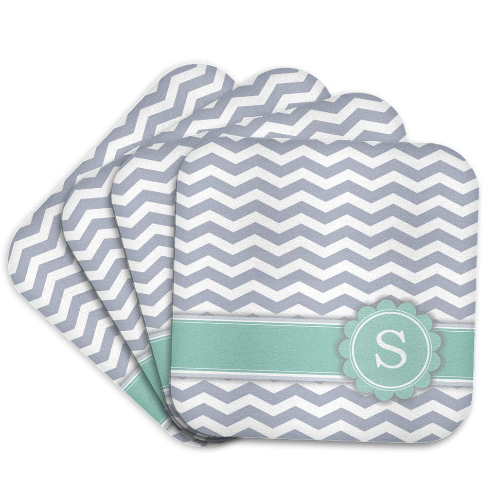 3dRose InspirationzStore Monograms - Letter S Monogrammed on Grey and White Chevron with Mint - Gray Zigzags - Personal Initial Zig Zags - Coasters (CST_154238)