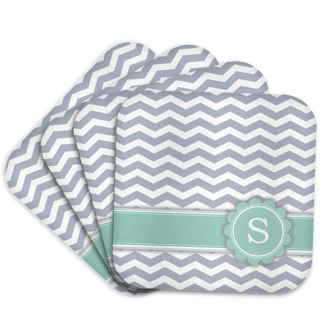 3dRose InspirationzStore Monograms - Letter S Monogrammed on Grey and White Chevron with Mint - Gray Zigzags - Personal Initial Zig Zags - Coasters (CST_154238)