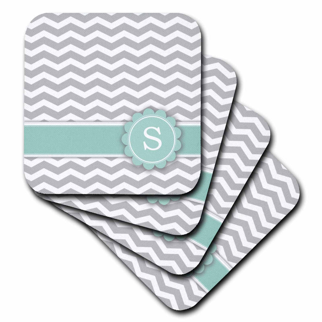 3dRose InspirationzStore Monograms - Letter S Monogrammed on Grey and White Chevron with Mint - Gray Zigzags - Personal Initial Zig Zags - Coasters (CST_154238)