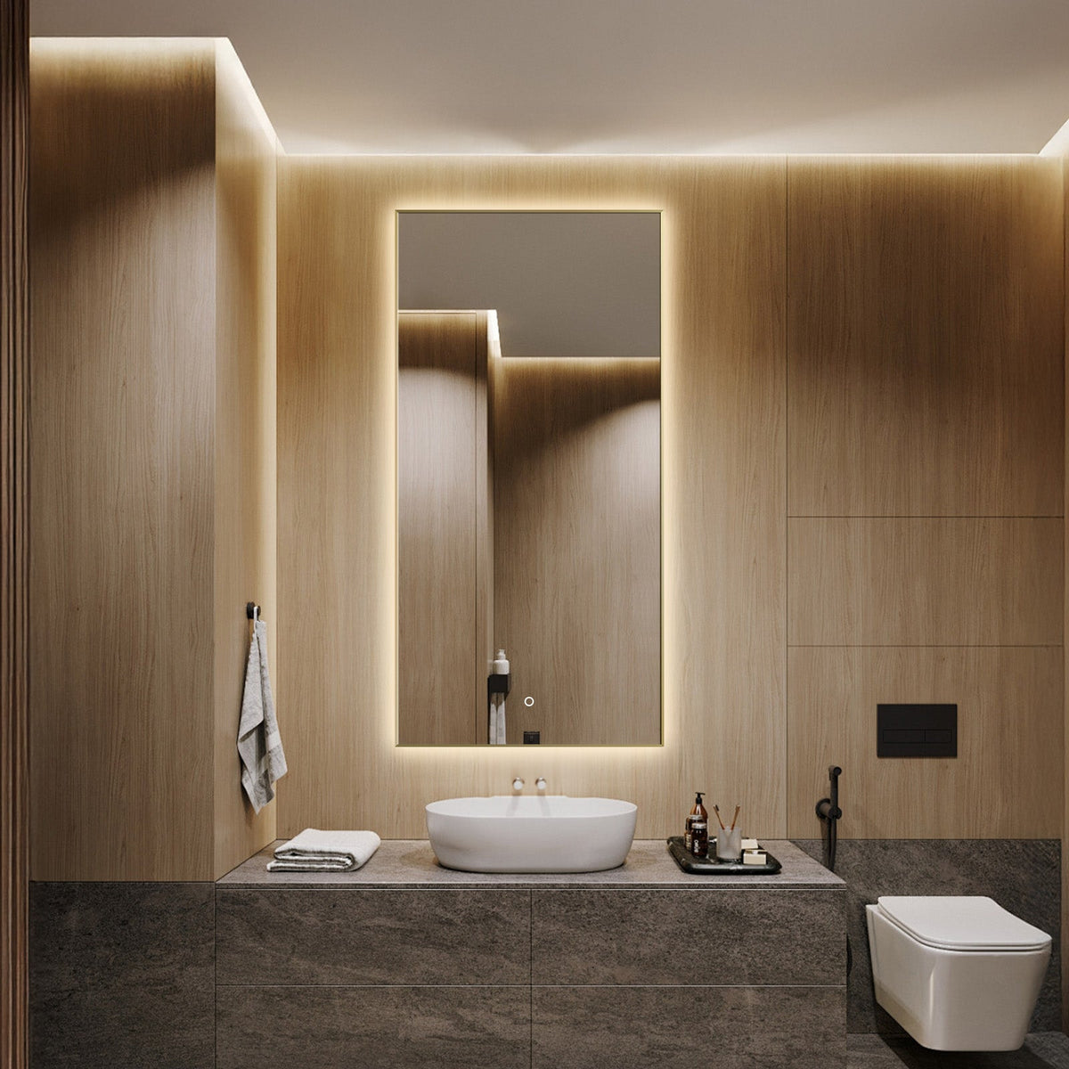 Apus Brushed Gold LED Mirror – Backlit, Anti-Fog, Dimmable