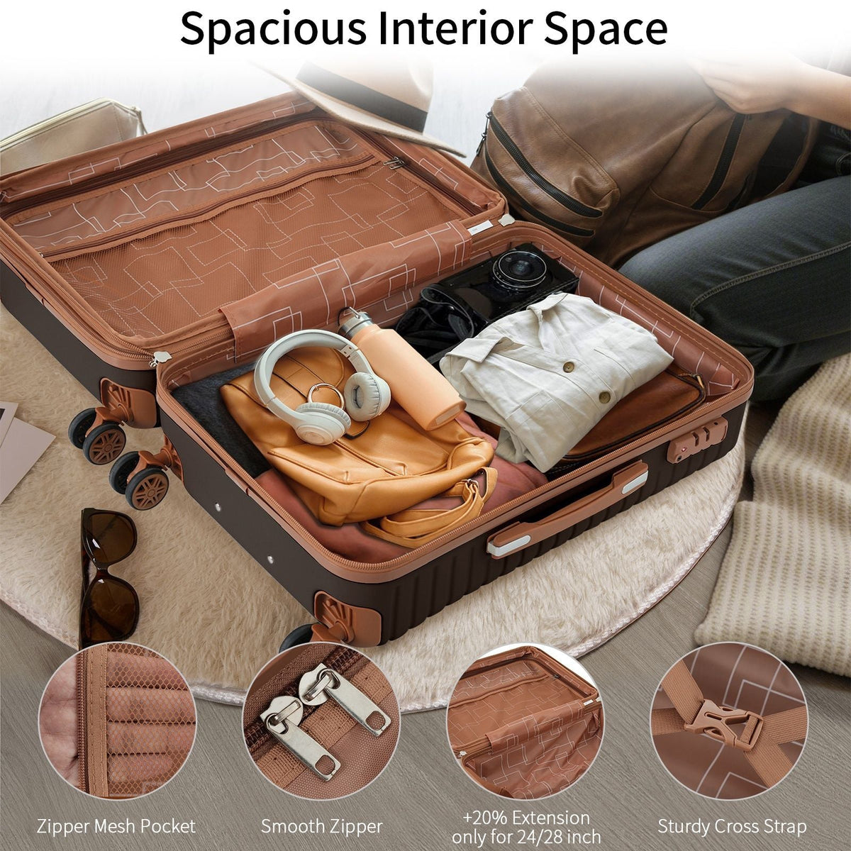 4 Piece Luggage Set Suitcase Set, Abs Hard Shell Lightweight Expandable Travel Luggage With 4 Packing Cubes, Tsa Lock, Spinner Wheels (16 / 20 / 24 / 28) - Coffee