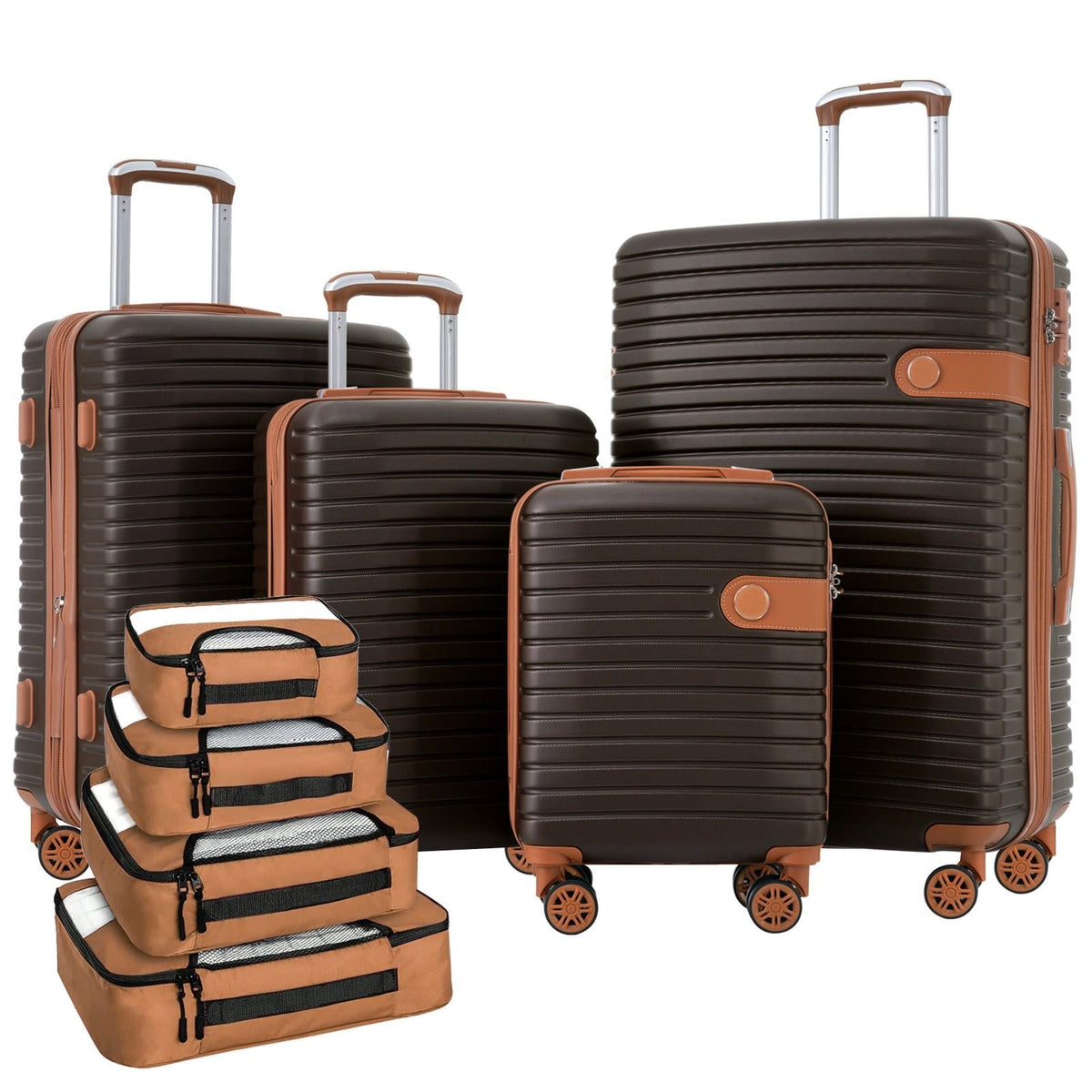 4 Piece Luggage Set Suitcase Set, Abs Hard Shell Lightweight Expandable Travel Luggage With 4 Packing Cubes, Tsa Lock, Spinner Wheels (16 / 20 / 24 / 28) - Coffee