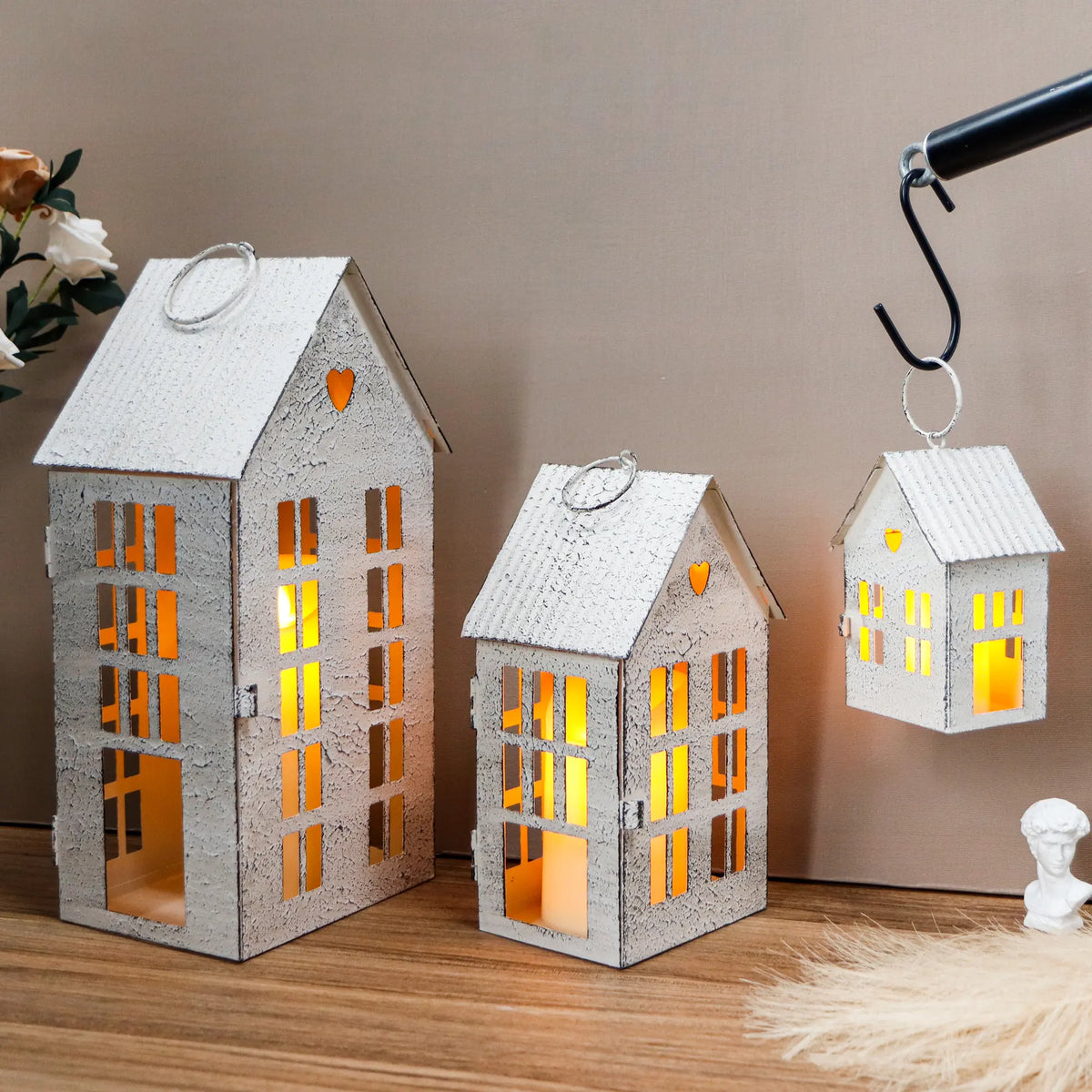 13.5"&9.5"&5.5"H Village Farmhouse House Candle Holders for Home Decor Patio Wedding