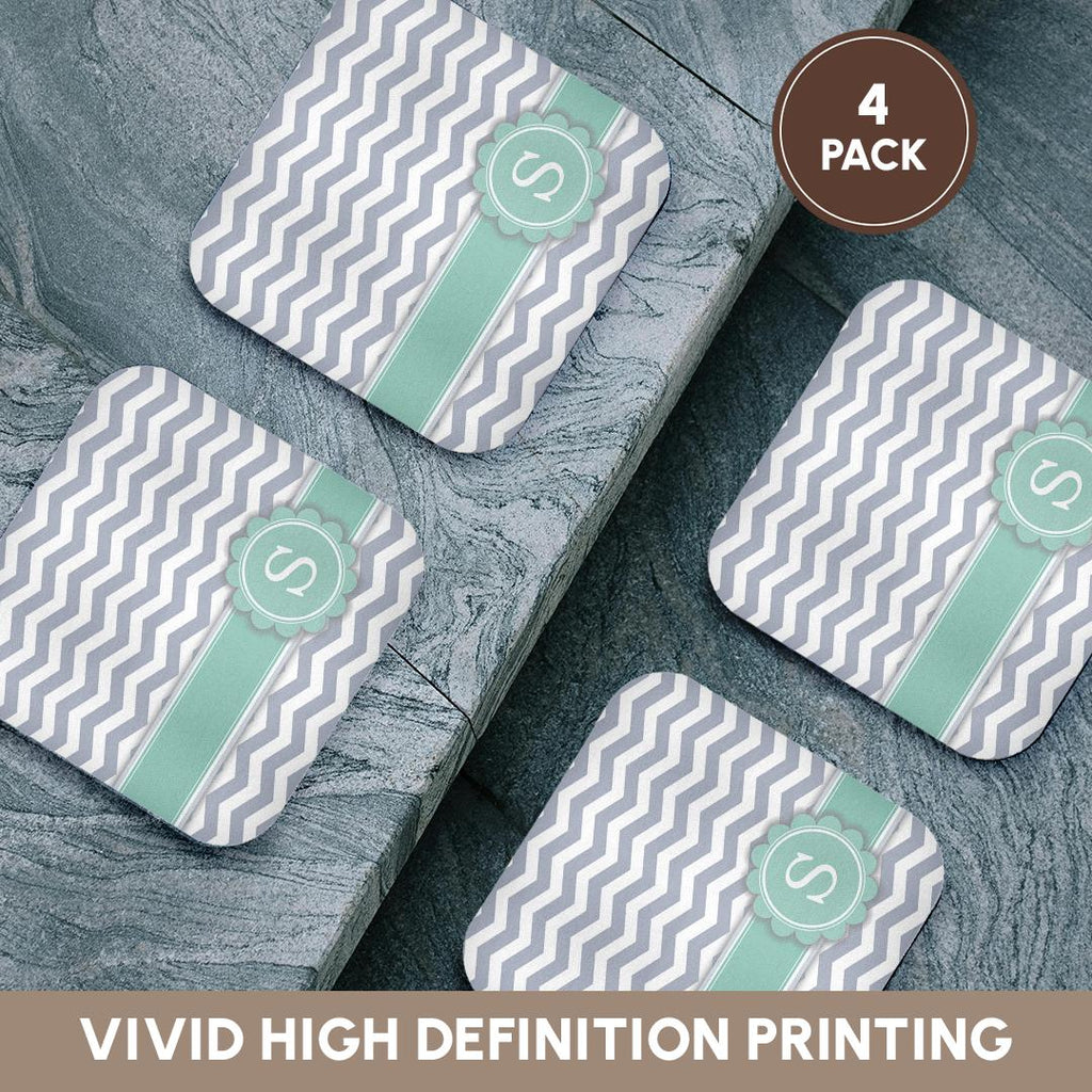 3dRose InspirationzStore Monograms - Letter S Monogrammed on Grey and White Chevron with Mint - Gray Zigzags - Personal Initial Zig Zags - Coasters (CST_154238)